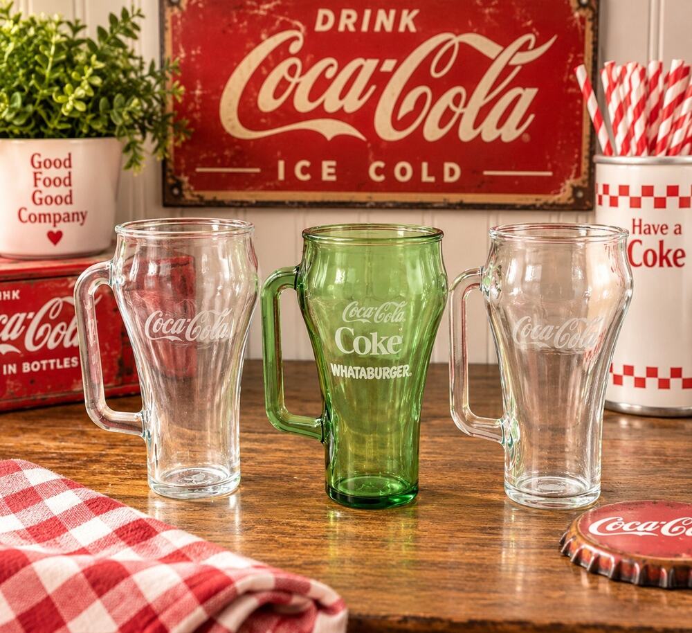 VTG Coca-Cola Handled Glass Mugs Set of 3 Coke Advertising 1 Green Whataburger